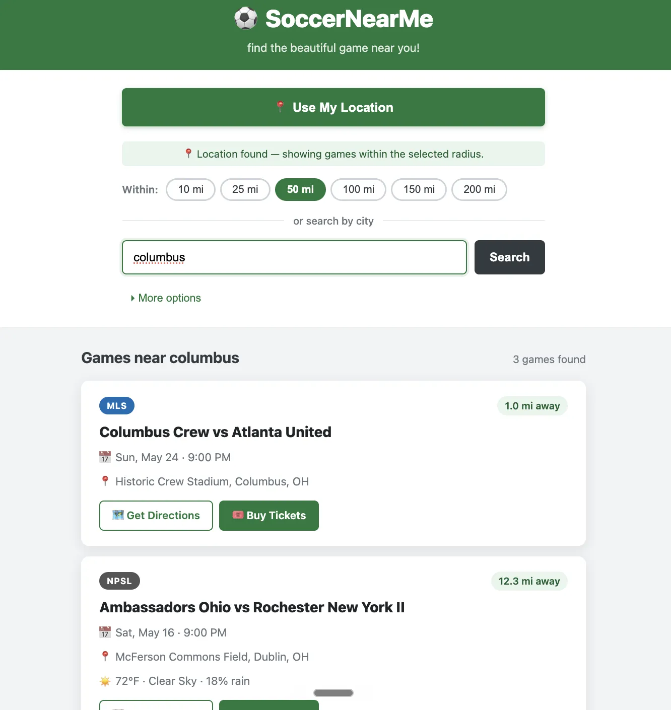 The website SoccerNearMe, a part of the FN365 family, helps fans find local soccer matches nearby.